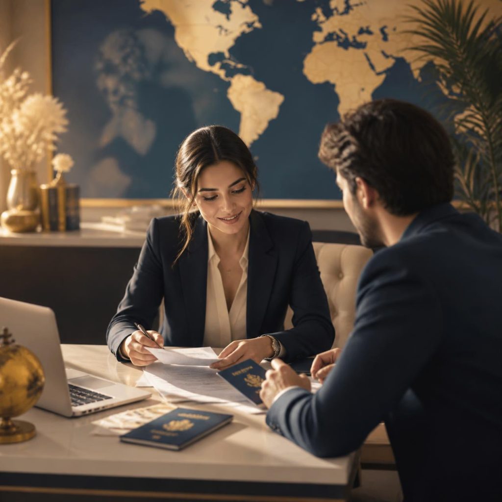 A professional travel consultant assisting a client with passport, visa application documents and travel plans inside a modern luxury travel office.